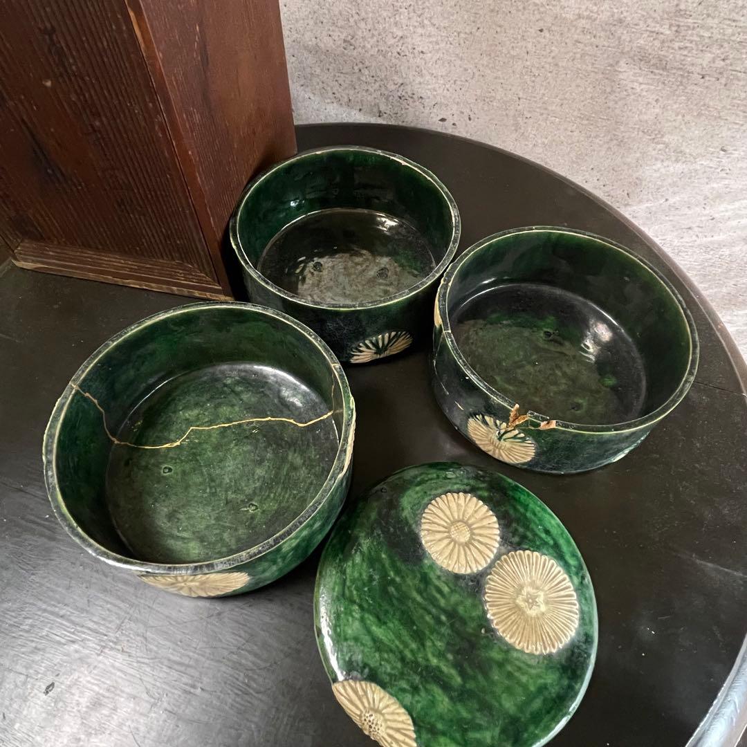 陶器　三段重　アンティーク　骨董品　貫入　金継ぎ　焼物　蓋物