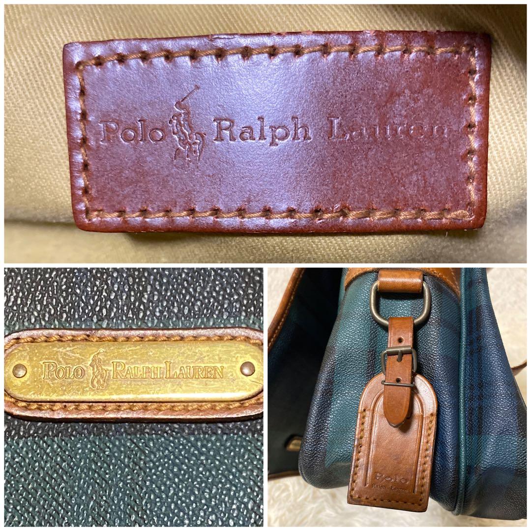 ポロ ラルフローレン メッセンジャーバッグ　グリーン　チェック　フラップ　レザー